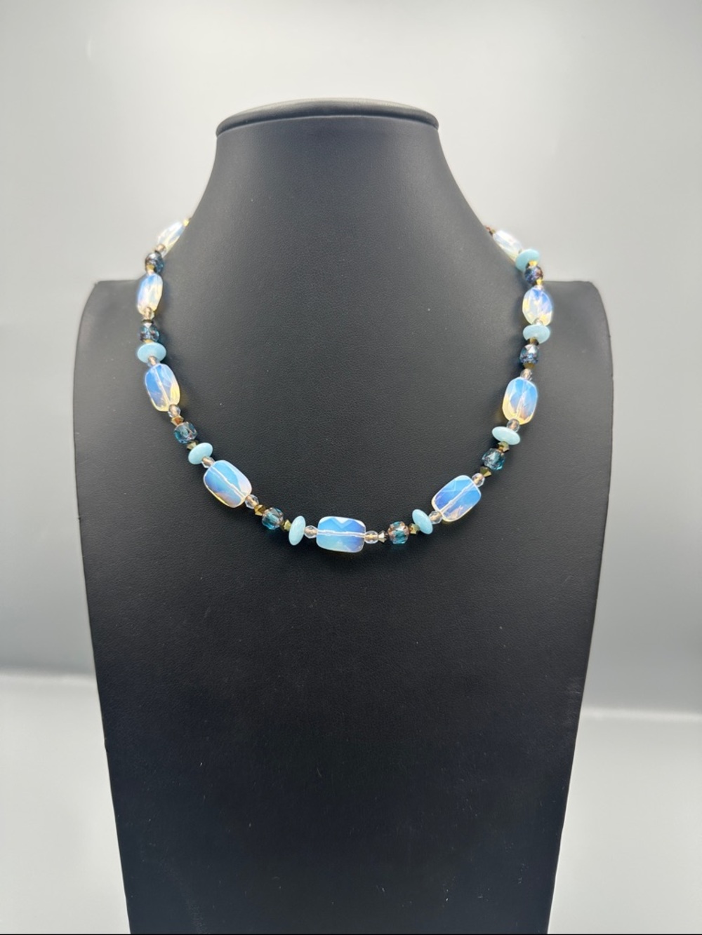 Opalescent Blue Glass Bead Necklace - Picture 4 of 5